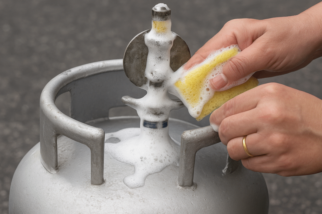 Teste de espuma em um botijão de gás